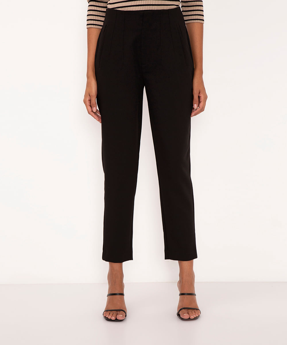 calça alfaiataria cintura alta com pences - preto