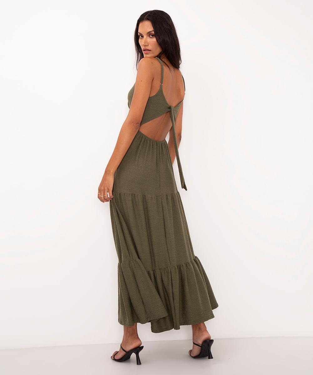vestido midi texturizado vazado costas verde militar