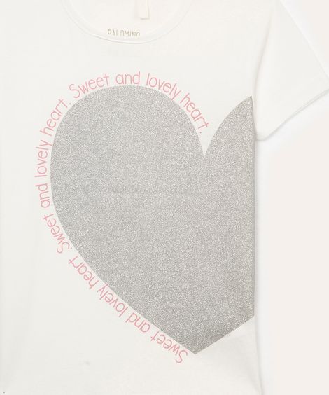 camiseta de algodão infantil coração com glitter off white