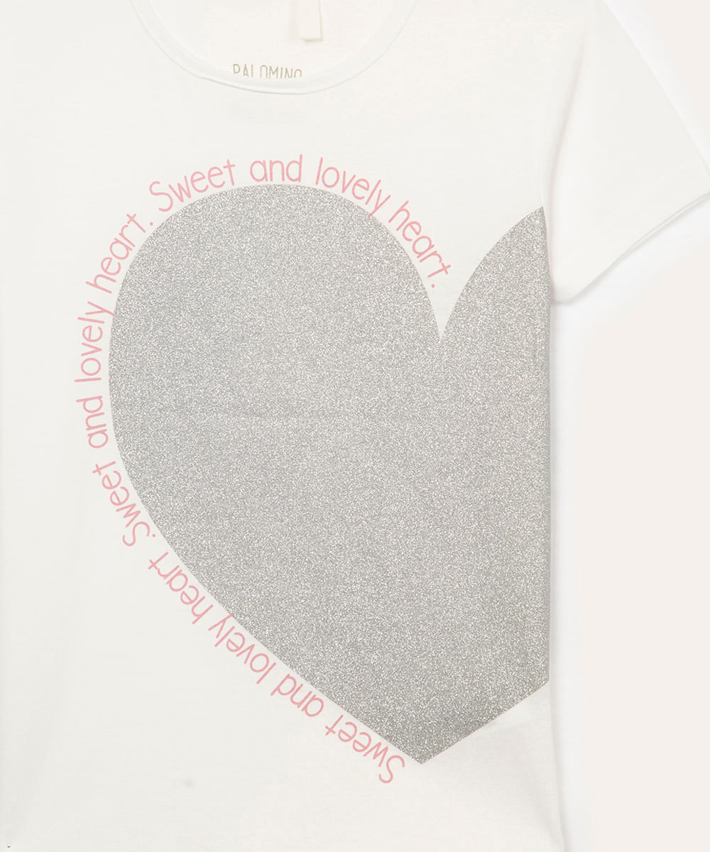 camiseta de algodão infantil coração com glitter off white
