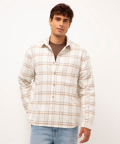 camisa de sarja xadrez bege