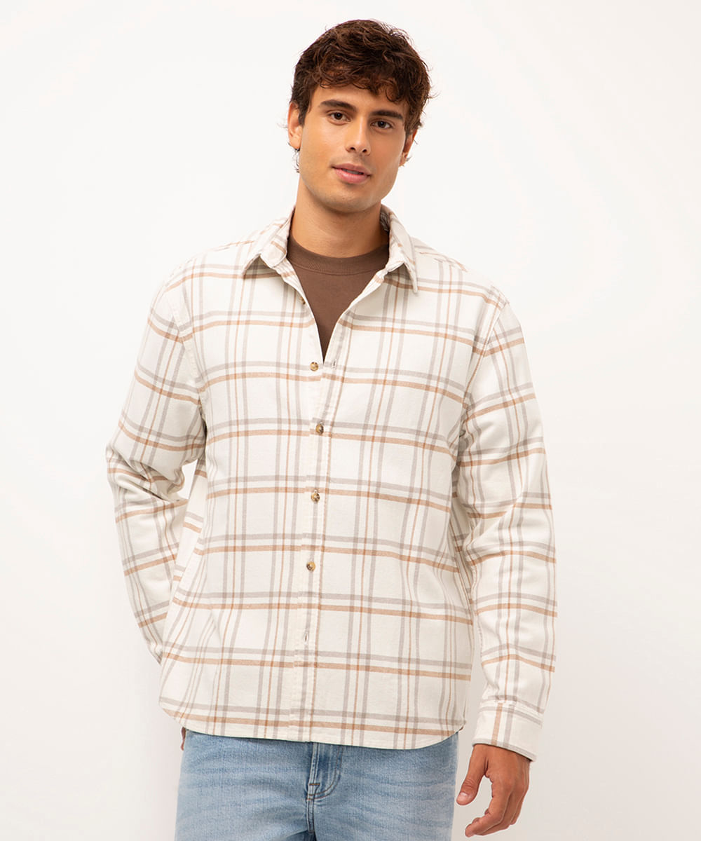 camisa de sarja xadrez bege