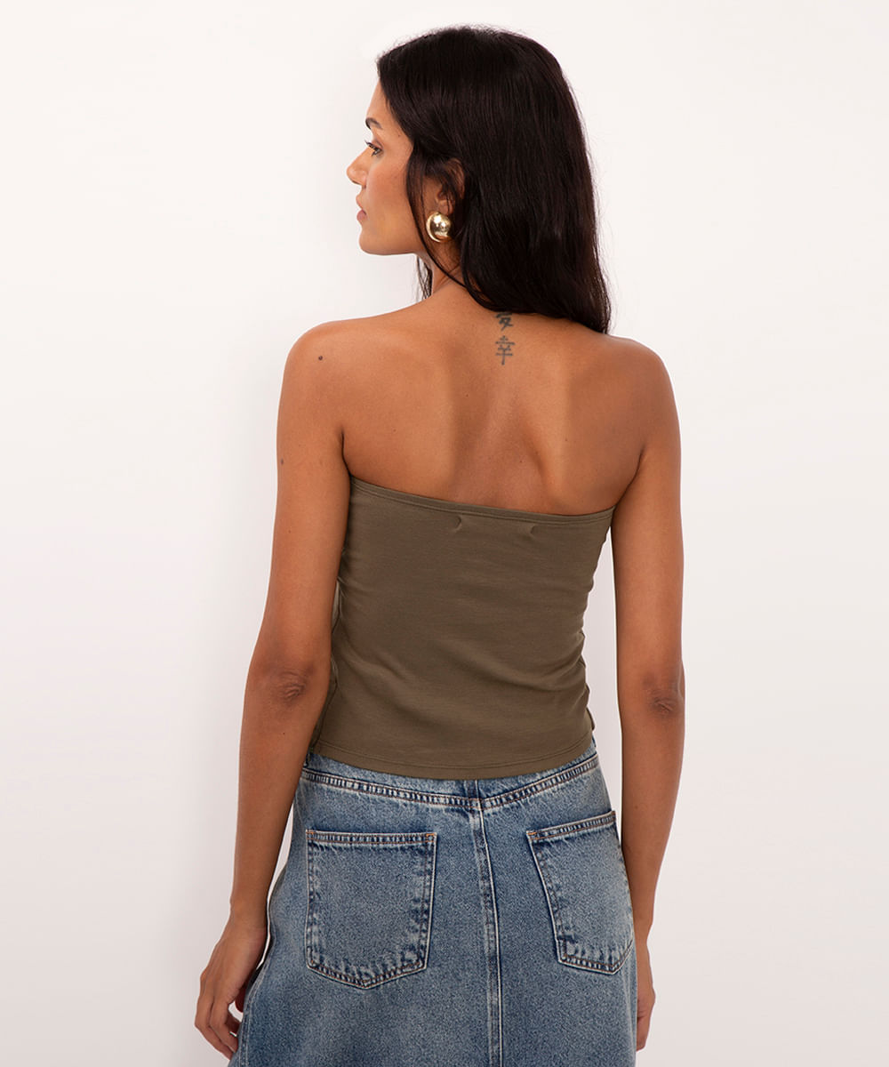 blusa decote reto sem alça com zíper verde militar