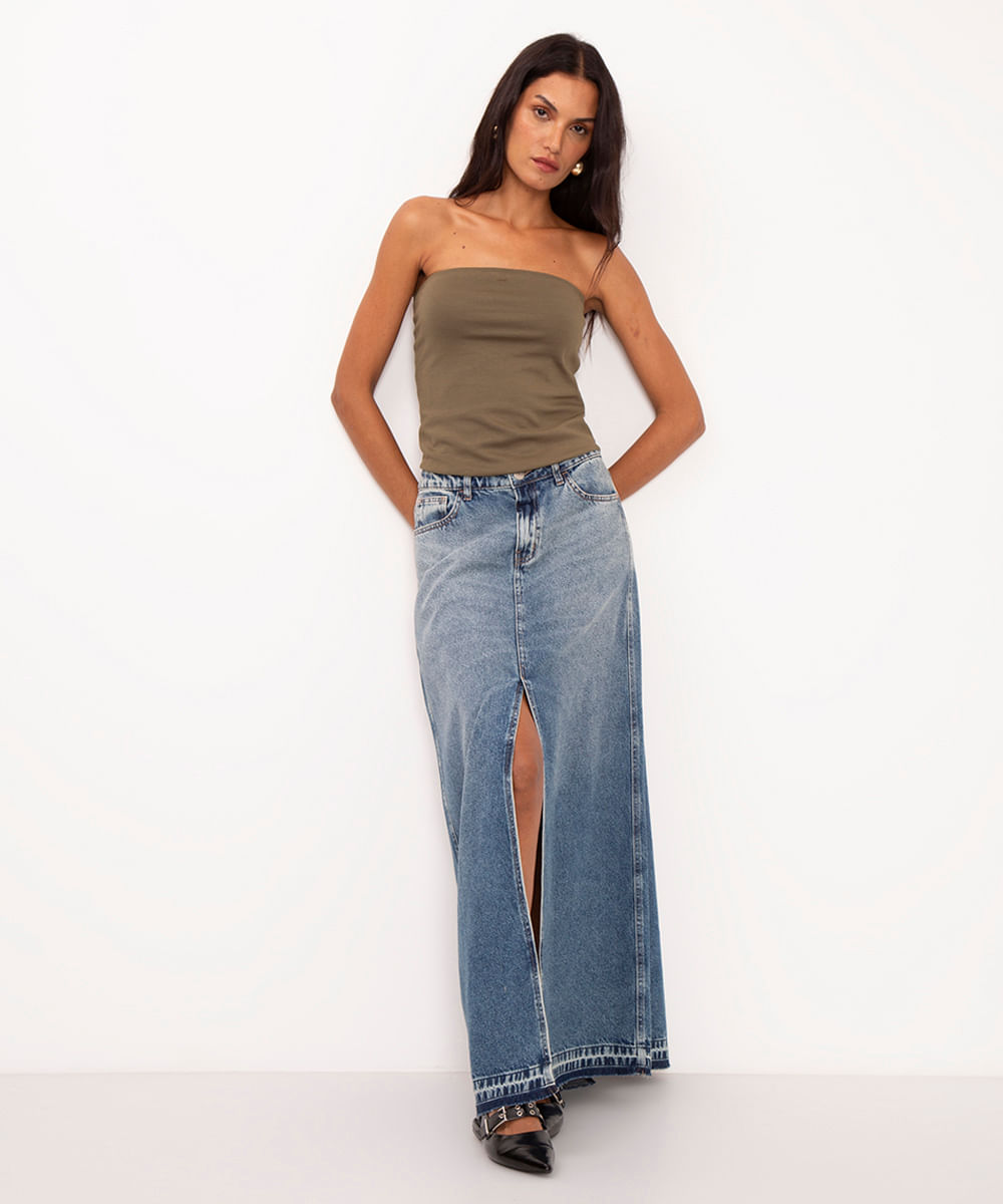 blusa decote reto sem alça com zíper verde militar