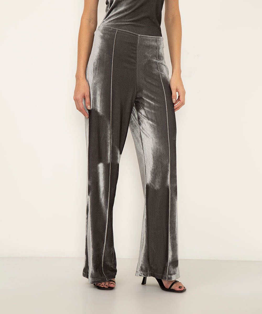 calça alfaiataria de veludo cintura alta cinza