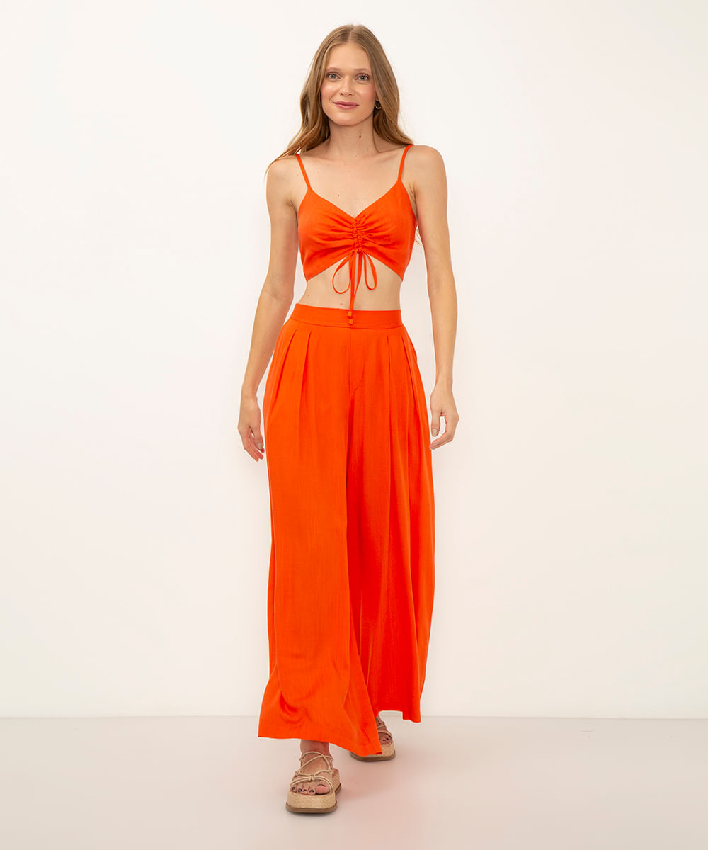 cropped de viscose com franzido alças finas laranja