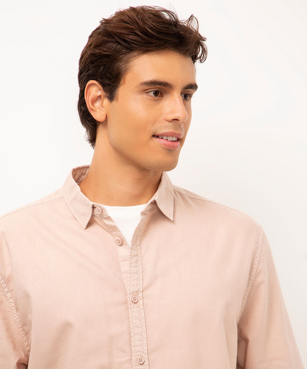 camisa oxford manga longa rosa claro