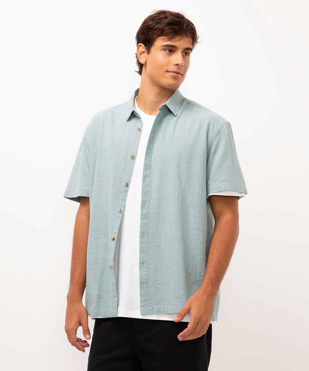camisa texturizada manga curta azul