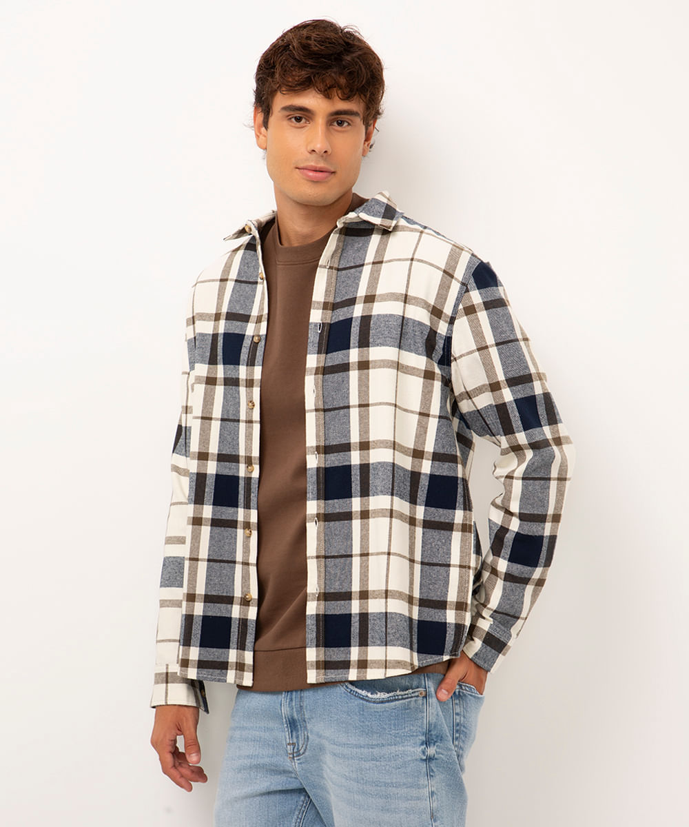 camisa de sarja xadrez azul marinho