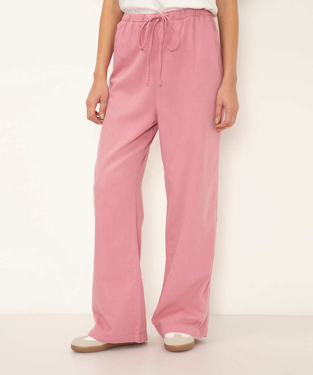 calça reta de viscose cintura alta com elástico rosa