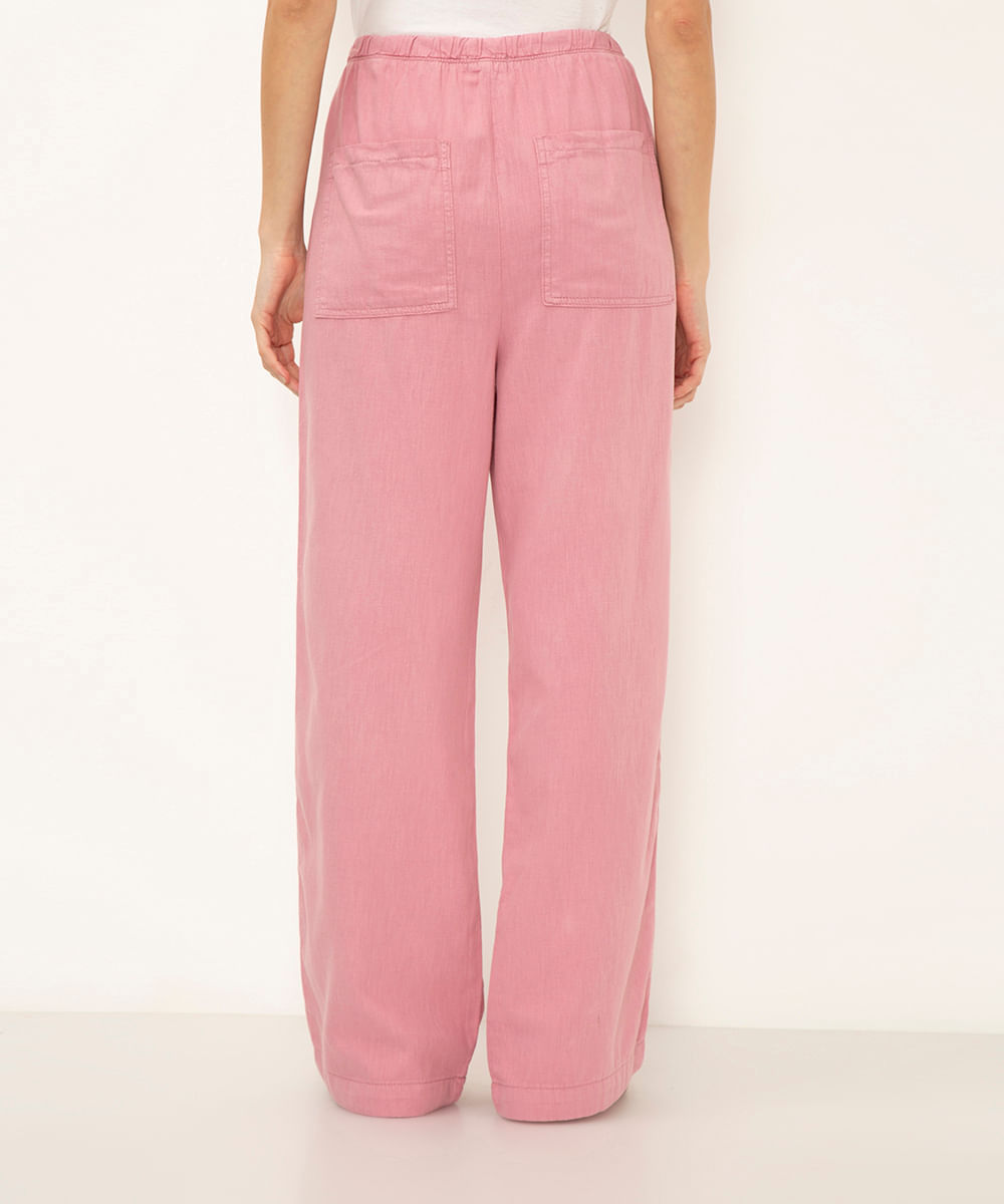 calça reta de viscose cintura alta com elástico rosa