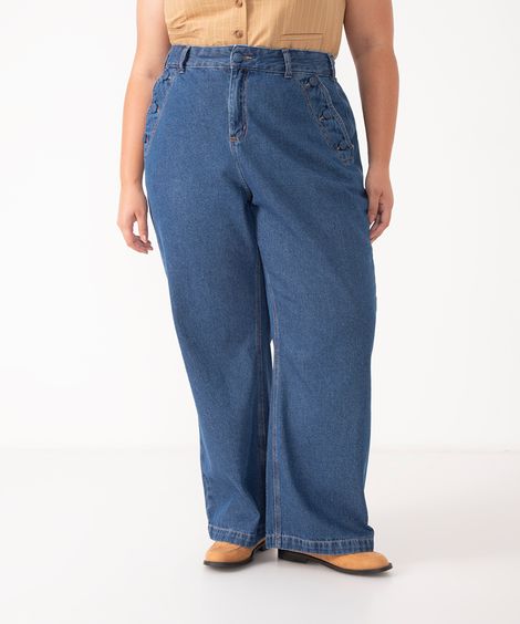 calça jeans reta plus size azul