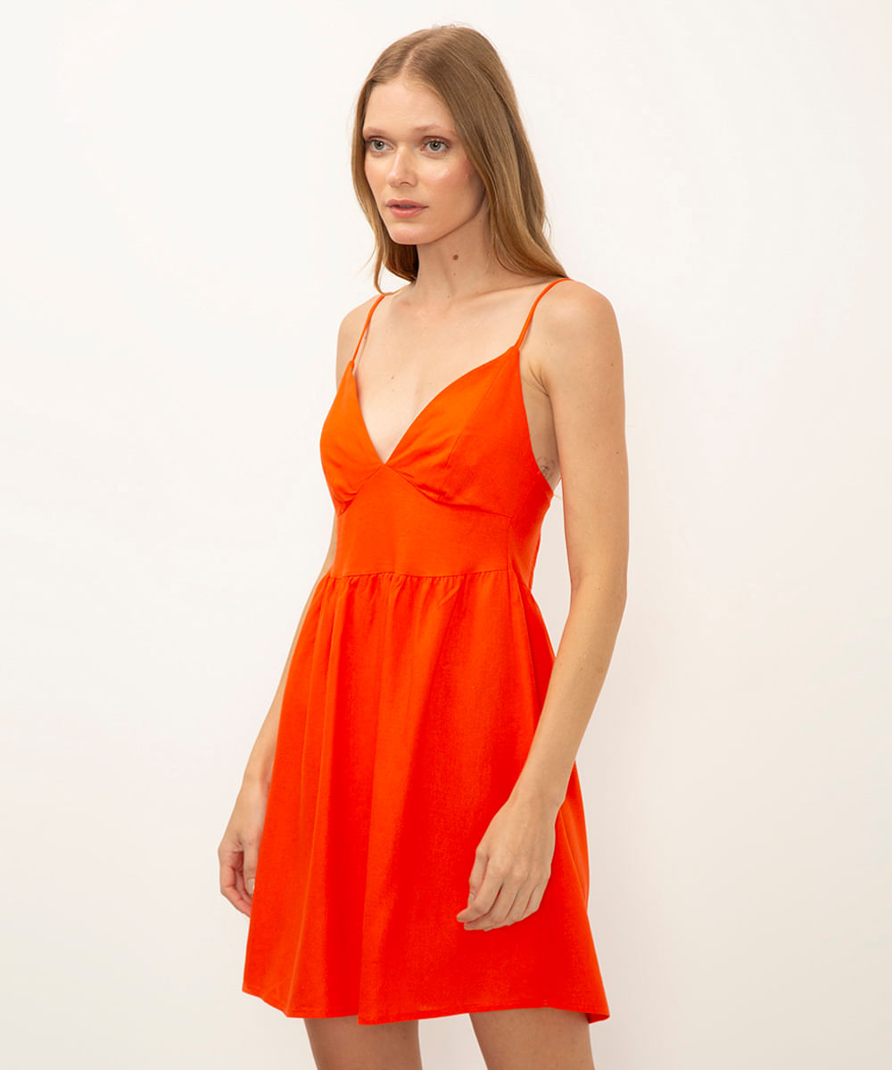 vestido curto com linho alça fina laranja