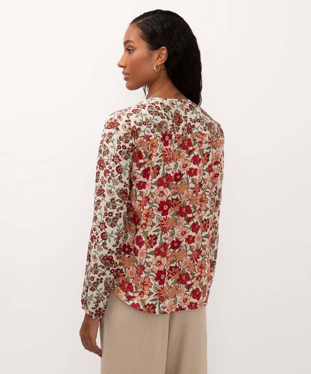bata de viscose floral manga longa bege