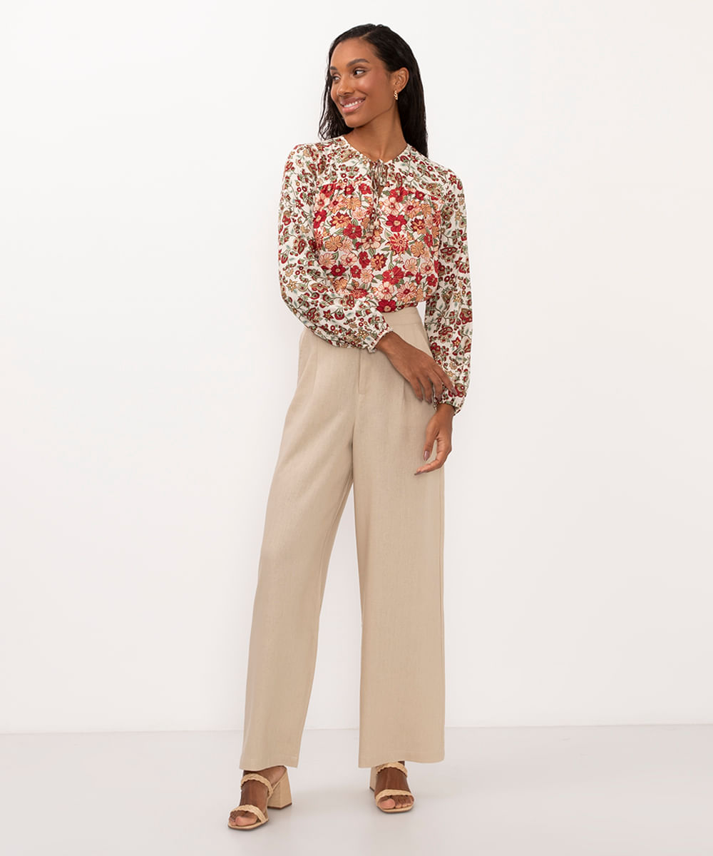 bata de viscose floral manga longa bege