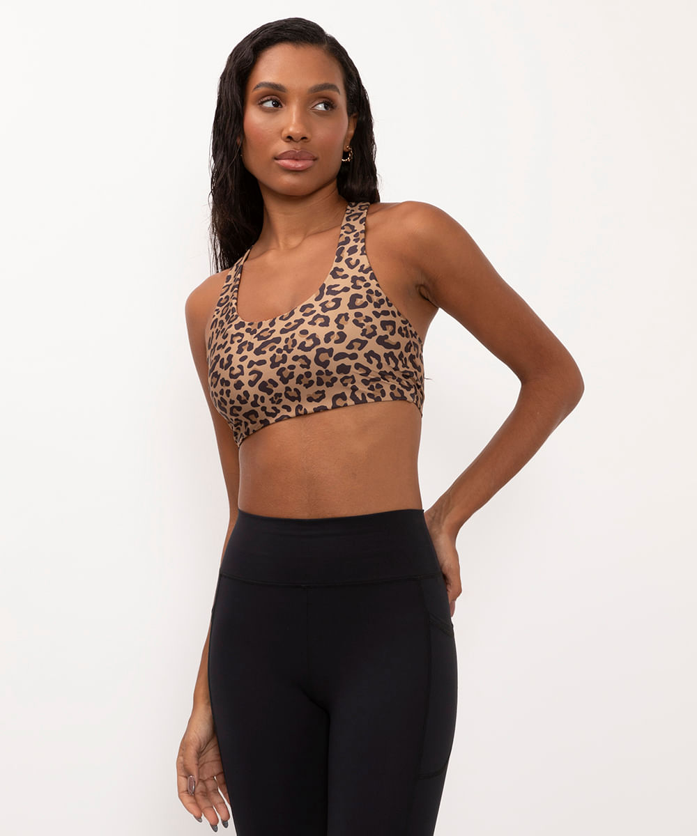 top nadador com bojo animal print esportivo bege