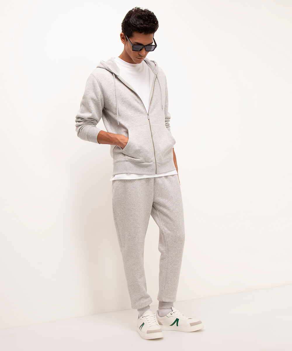 calça jogger de moletom cinza claro