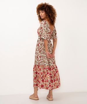 vestido longo de viscose floral bege