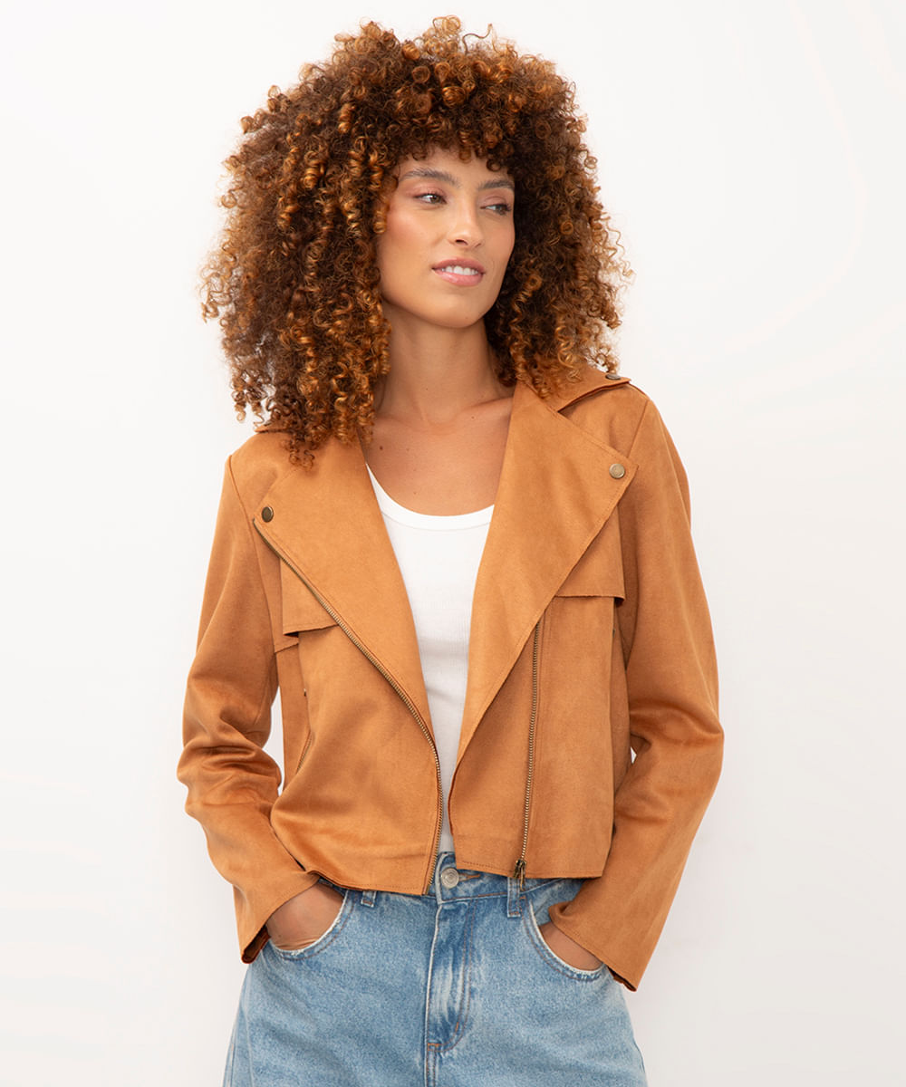 jaqueta de suede com pala marrom