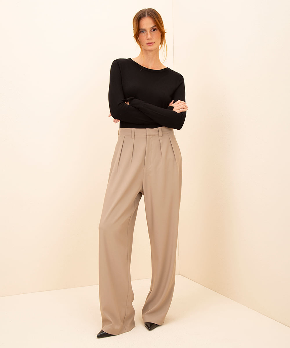 calça wide leg alfaiatada cintura alta mindset  - bege medio