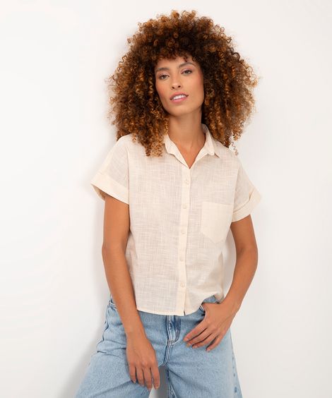 camisa de algodão com bolso manga curta bege