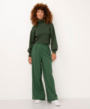 calça wide leg de viscose cintura alta com elástico - VERDE ESCURO