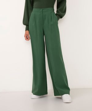 calça wide leg de viscose cintura alta com elástico - VERDE ESCURO