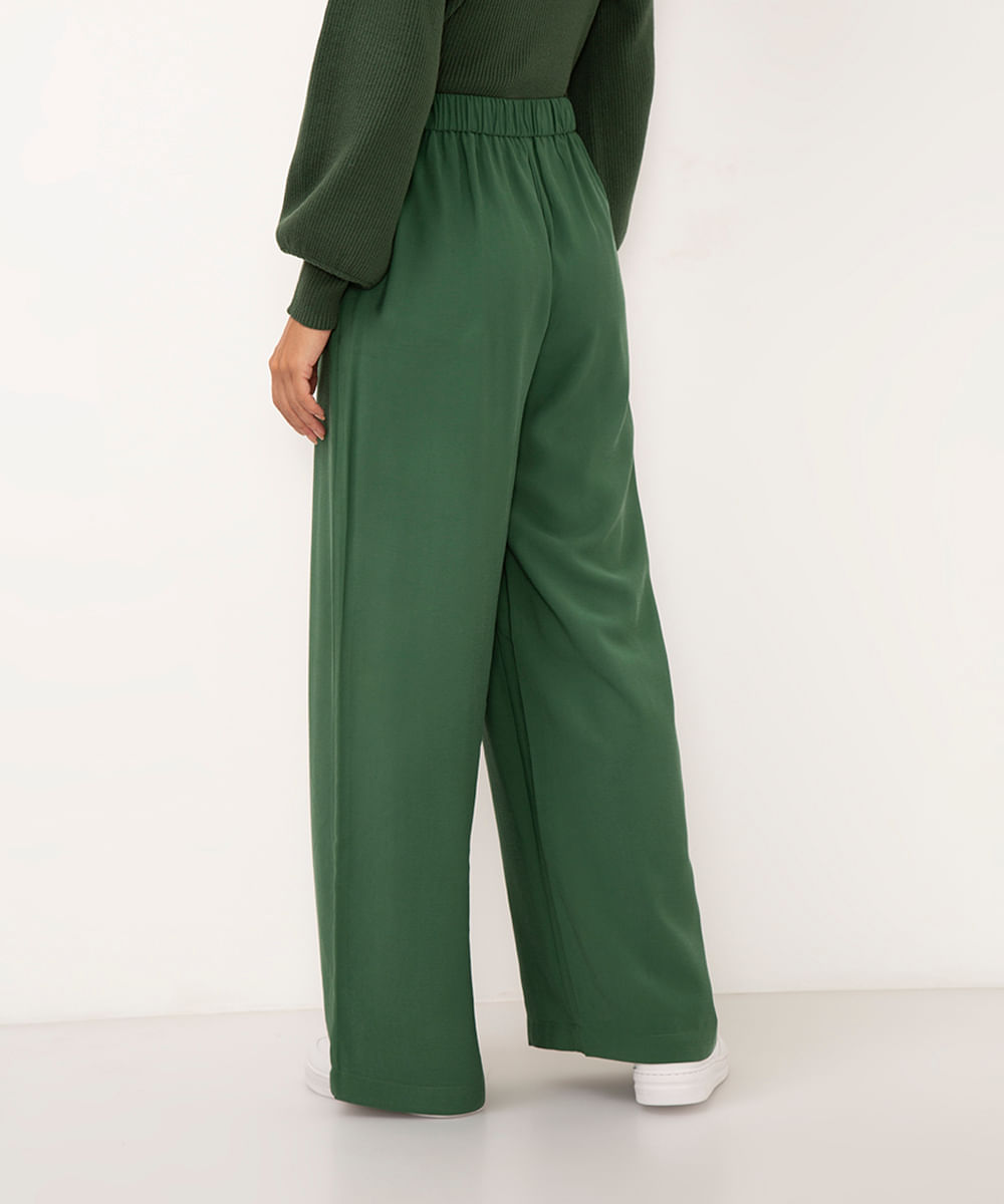 calça wide leg de viscose cintura alta com elástico - verde escuro