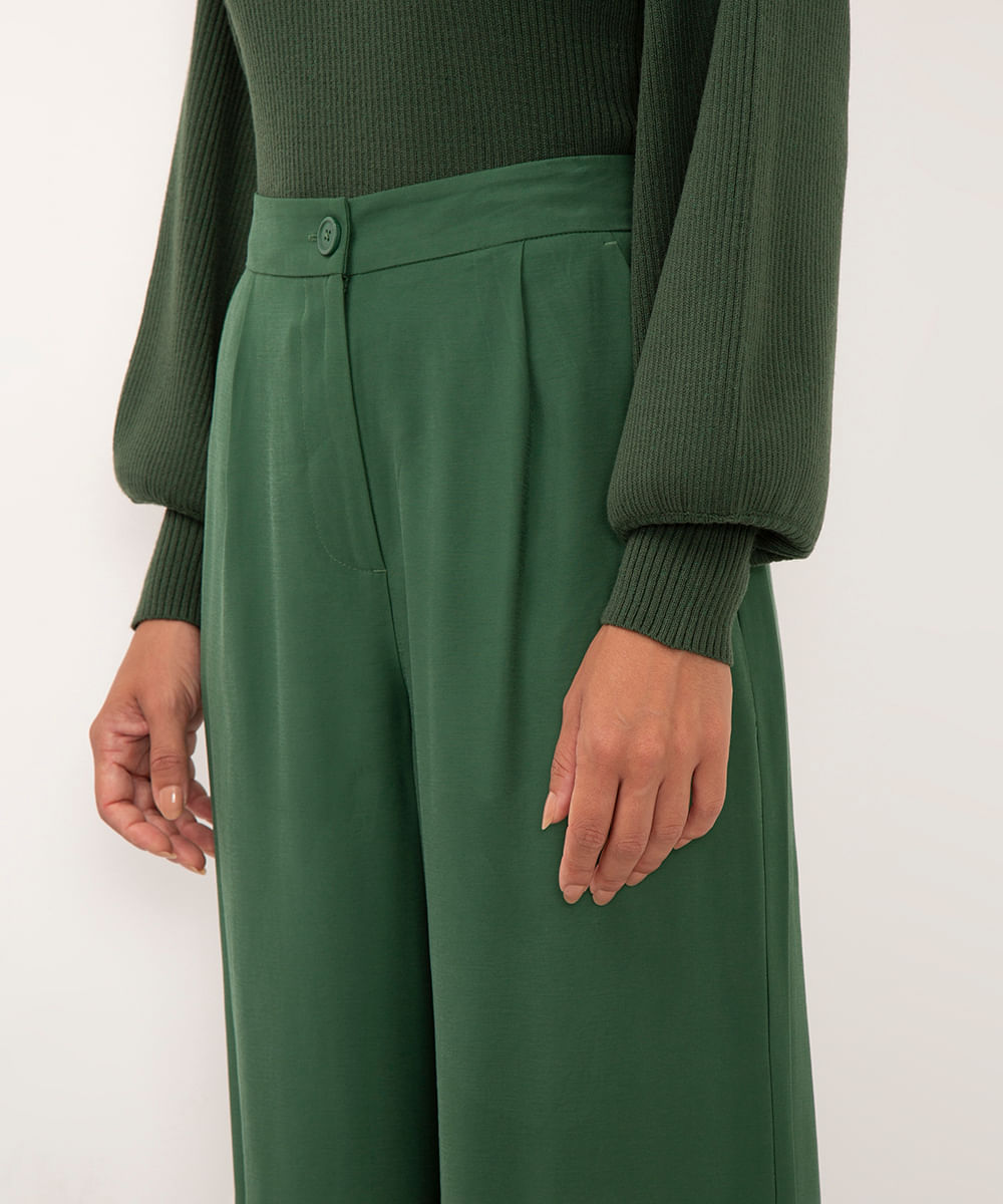 calça wide leg de viscose cintura alta com elástico - verde escuro