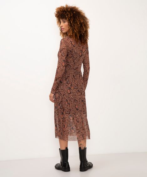 vestido midi de tule animal print com borboletas marrom
