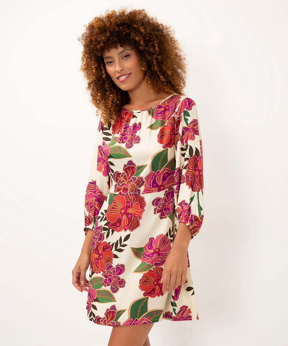 vestido curto de viscose floral off white