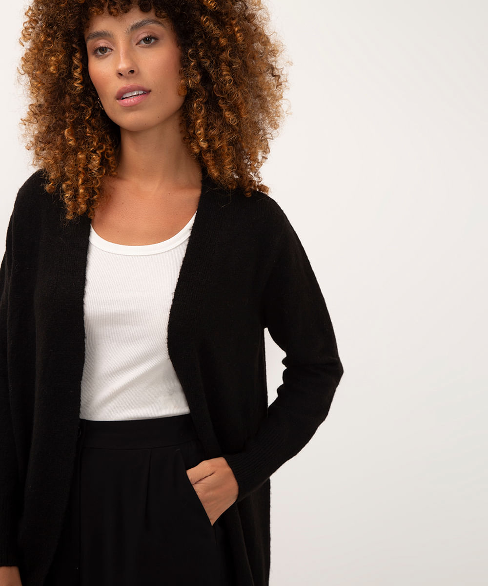 cardigan alongado de tricot preto