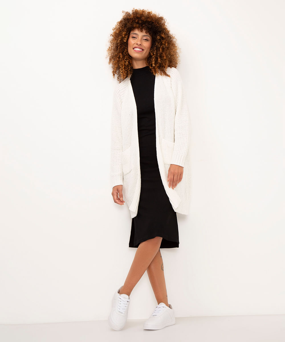 cardigan de tricô chenille com bolsos off white