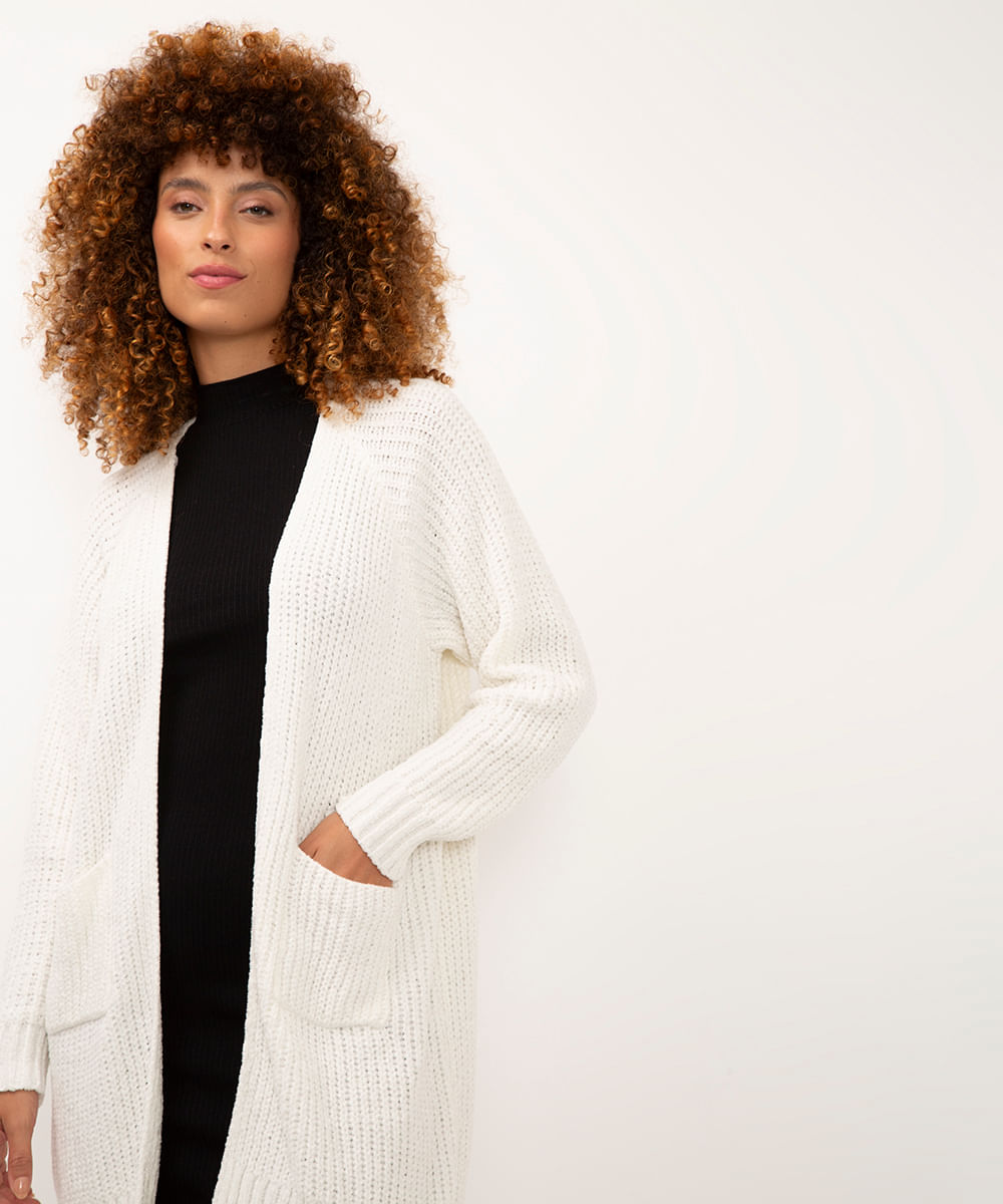 cardigan de tricô chenille com bolsos off white