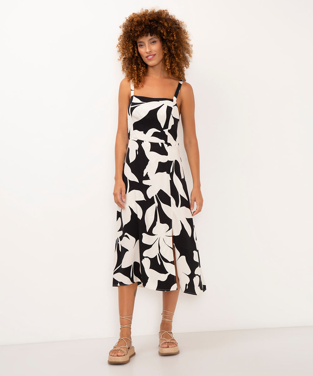 vestido midi de viscose floral preto