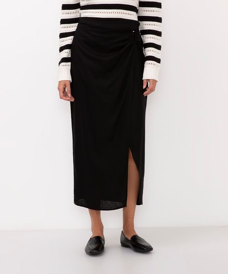 saia midi com fenda cintura alta preto