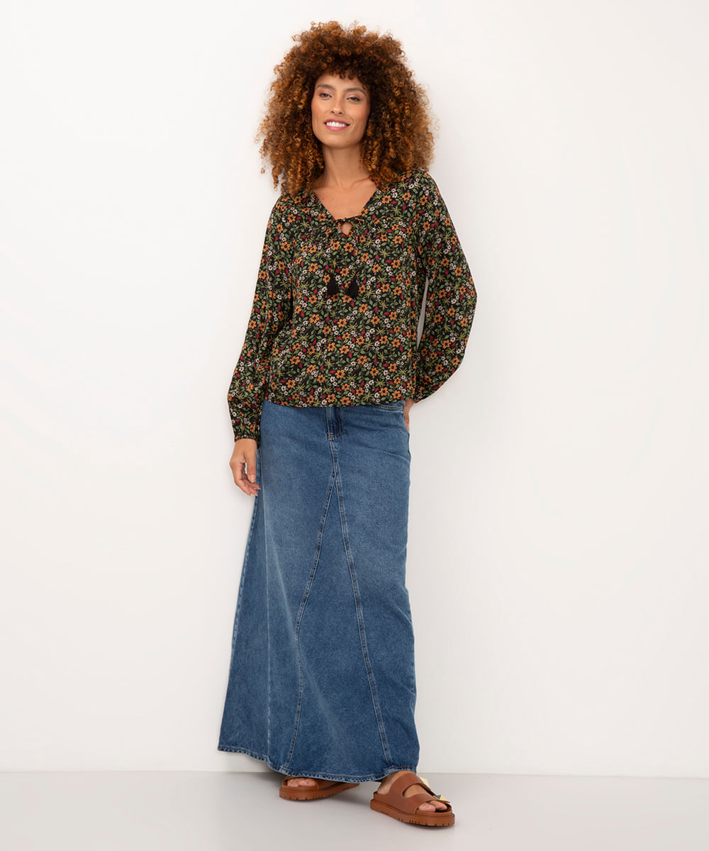 bata de viscose floral preto