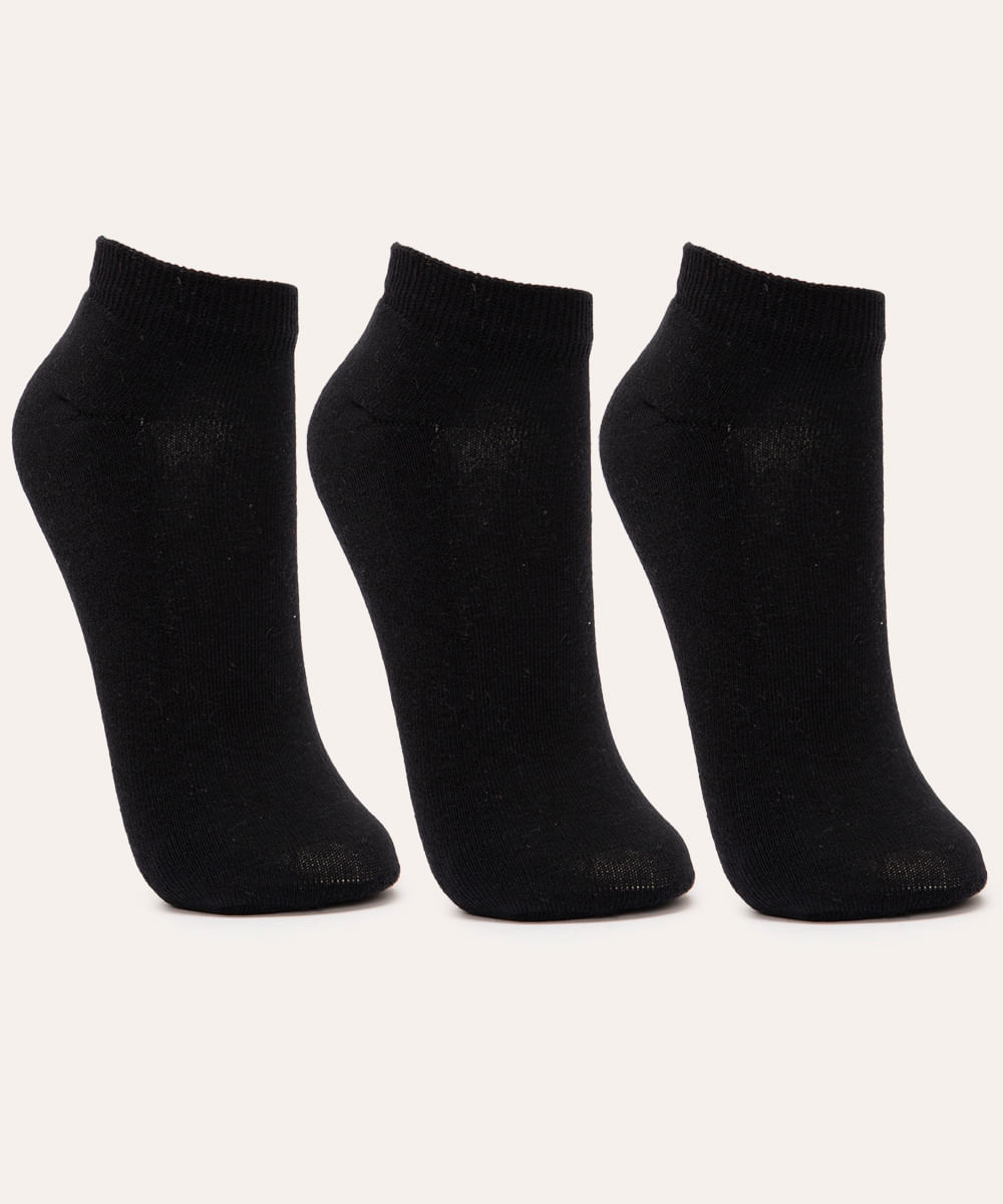 kit de 3 pares de meias cano baixo atoalhada preto