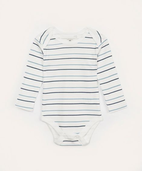 body infantil de algodão manga longa listrado off white
