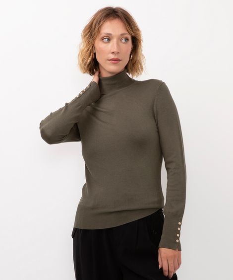 blusa gola alta manga longa botões - verde militar