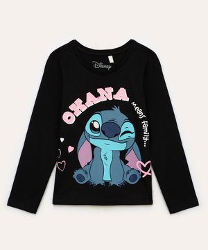 camiseta infantil manga longa ohana stitch preto