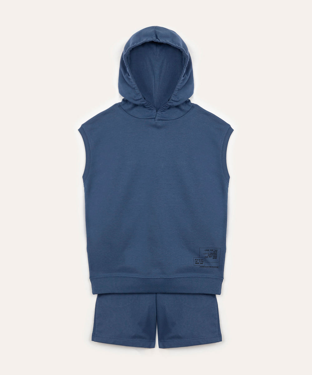 conjunto de moletom infantil regata com capuz - azul