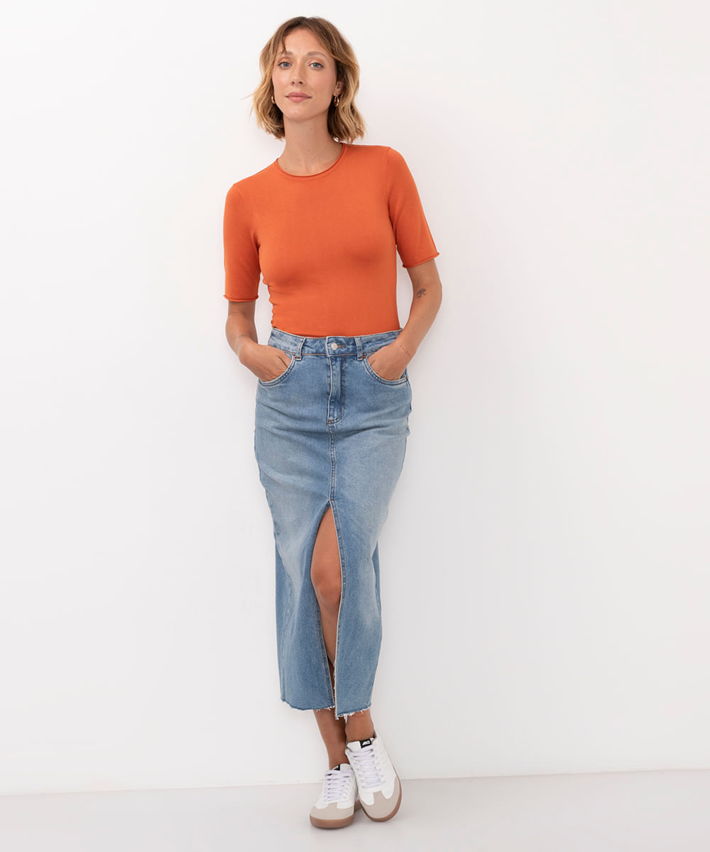 blusa de tricot manga curta terracota