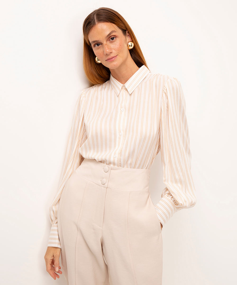 camisa de viscose listrada bege