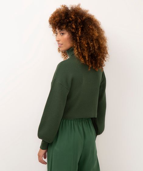 suéter de tricot canelado cropped gola alta - verde escuro