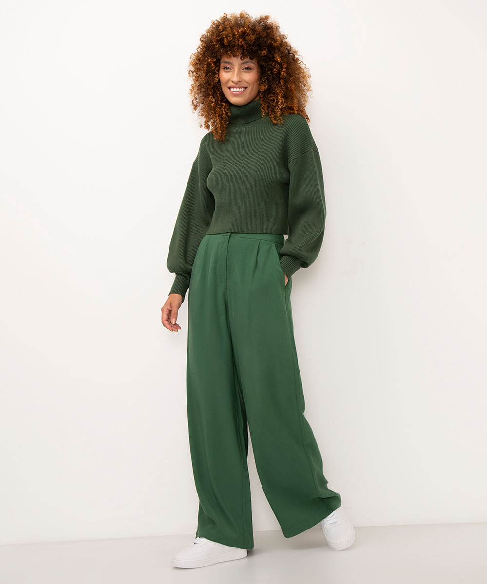 suéter de tricot canelado cropped gola alta - verde escuro