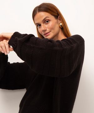 suéter de tricot manga bufante preto