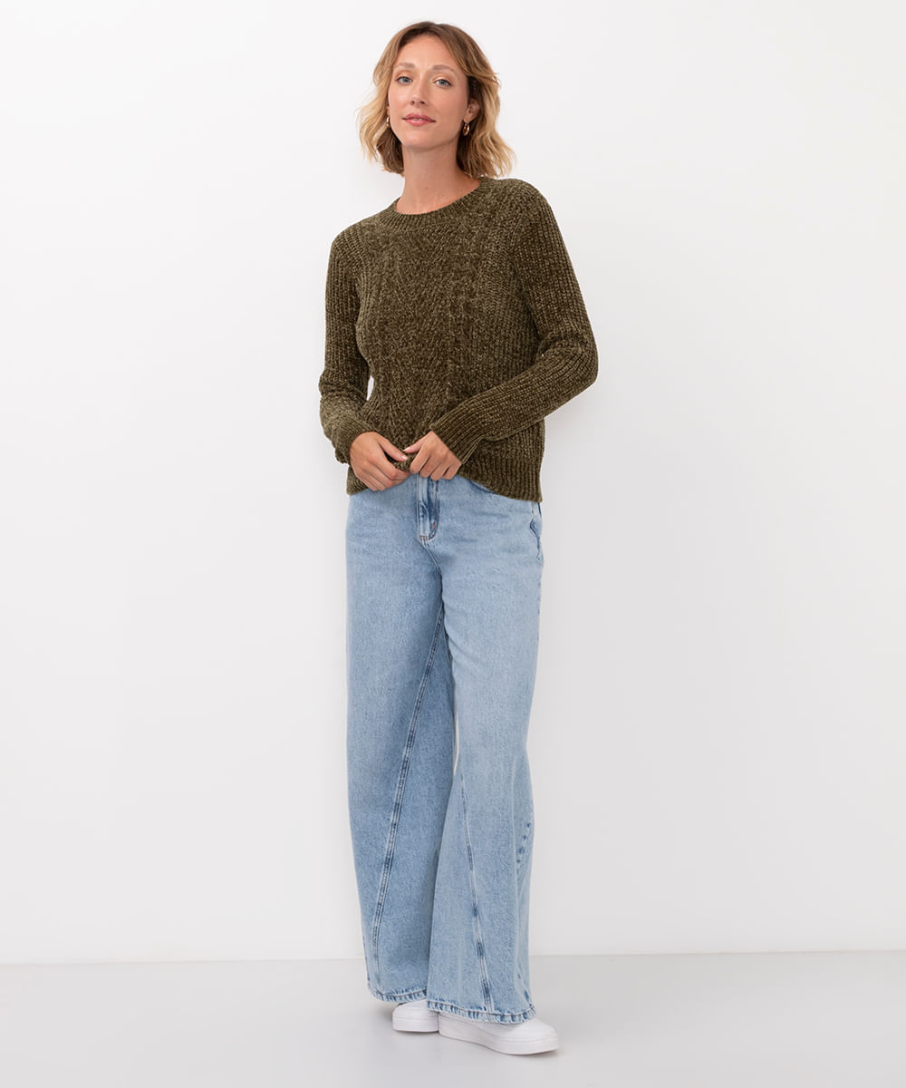 suéter de tricot chenille texturizado - verde escuro