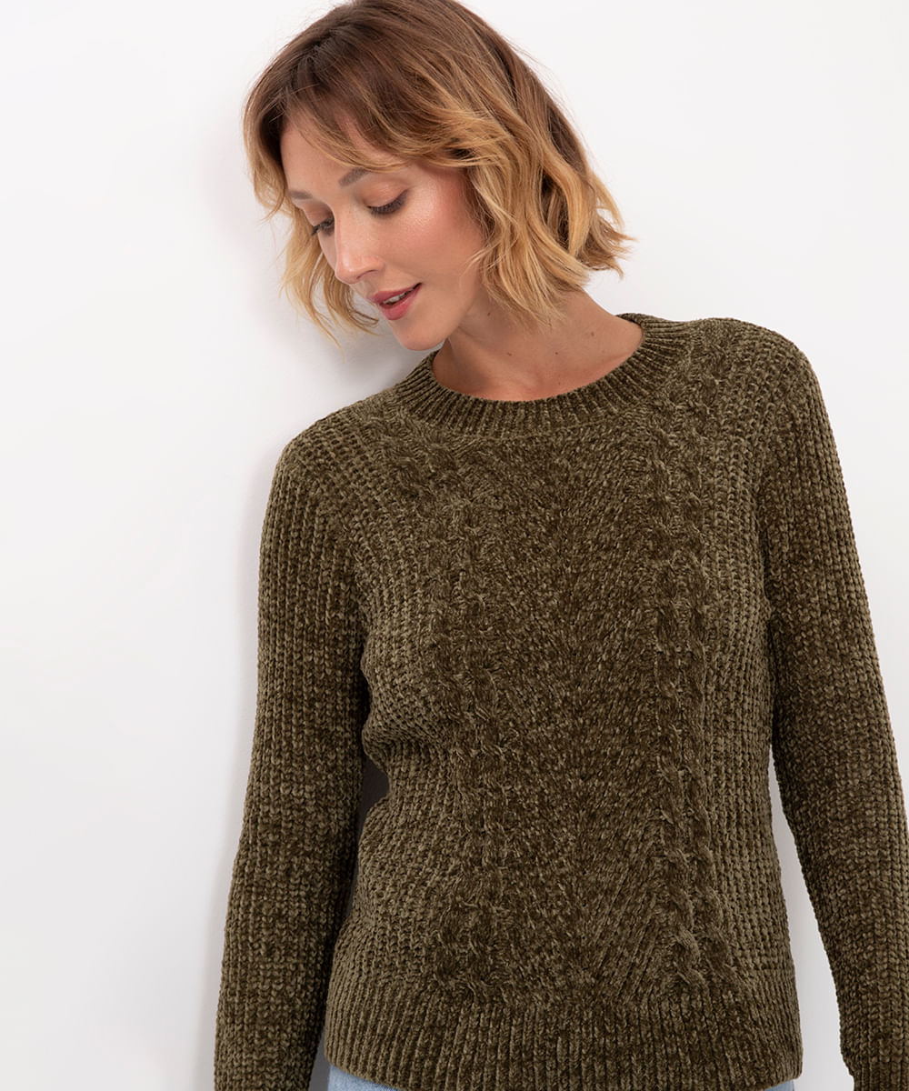suéter de tricot chenille texturizado - verde escuro