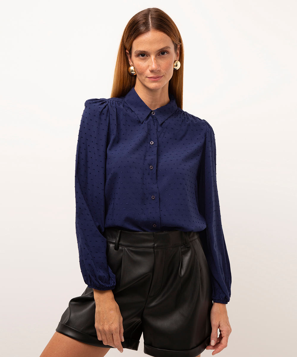 camisa texturizada manga longa azul marinho